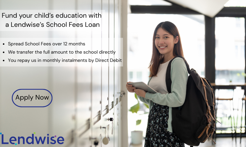 A smiling student with a backpack stands by lockers. Lendwise ad promotes a School Fees Loan with 12-month payment plans. Apply Now.